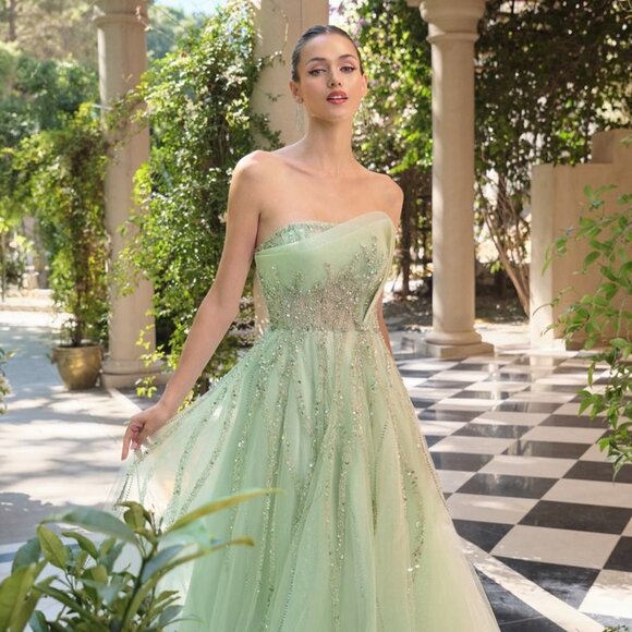 New Sage Strapless Beads Embellished A-Line Dress w/ Beaded Bodice CD A1491 - Picture 4 of 10